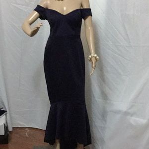 Off the shoulder navy blue hi low maxi dress